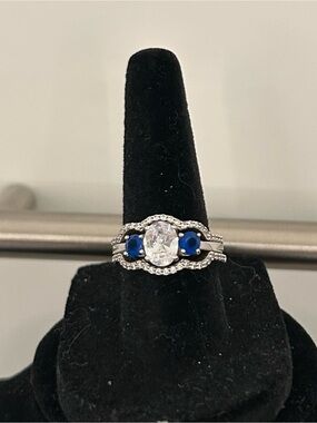 Silver Halo Ring with White Center and Blue Accent Stones Women Fashion Jewelry